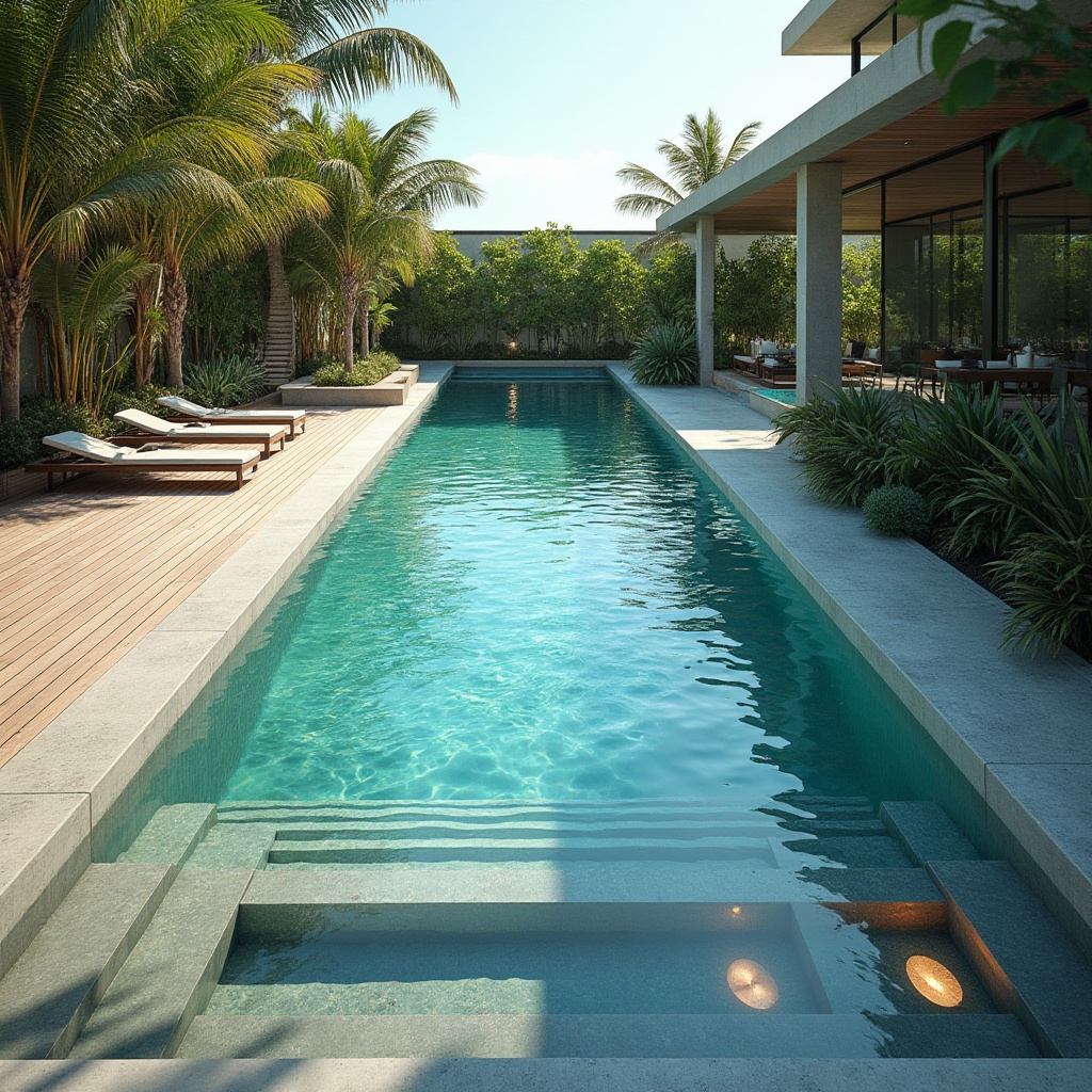 Prompt: Modern swimming pool, Chukum material, sleek design, rectangular shape, crystal clear water, gentle ripples, sunken area for lounging, built-in stairs, pool lights illuminating the floor, surrounding deck with wooden planks, greenery and tropical plants nearby, palm trees providing shade, warm sunny day, soft natural light, 3/4 composition, shallow depth of field, vibrant turquoise water color, realistic rendering.