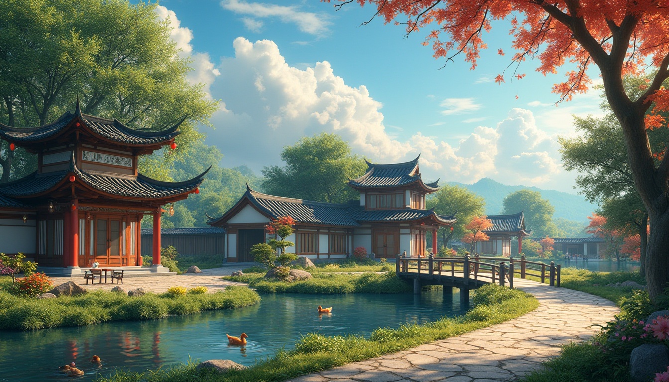 Prompt: Rural scenery, peaceful atmosphere, traditional Chinese-style villa, surrounded by lush greenery, vibrant blooming flowers, winding stone path, wooden bridge over a small pond, few ducks swimming, gentle water flow sound, soft warm sunlight filtering through trees, rustic wooden fence, old lanterns hanging from eaves, few villagers walking in distance, blue sky with puffy white clouds, shallow depth of field, cinematic composition, warm color tone, serene ambiance.