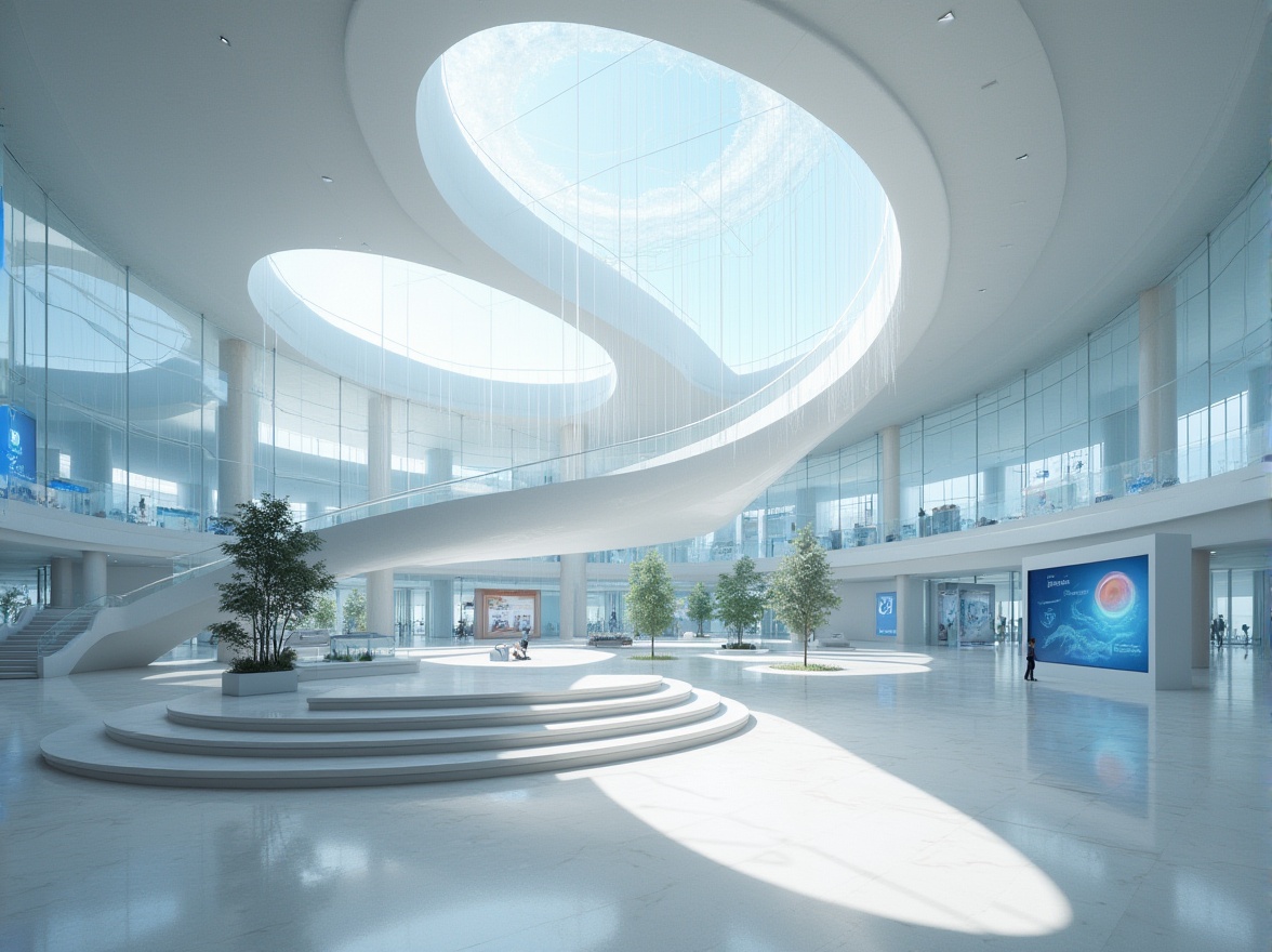 Prompt: Modern science center, futuristic building, large glass windows, curved fibreglass roof, white interior walls, marble floors, spiral staircase, interactive exhibits, 3D visualizations, LED lights, sleek lines, minimalist design, afternoon natural light, high-angle shot, panoramic view, shallow depth of field, sharp focus on architecture.