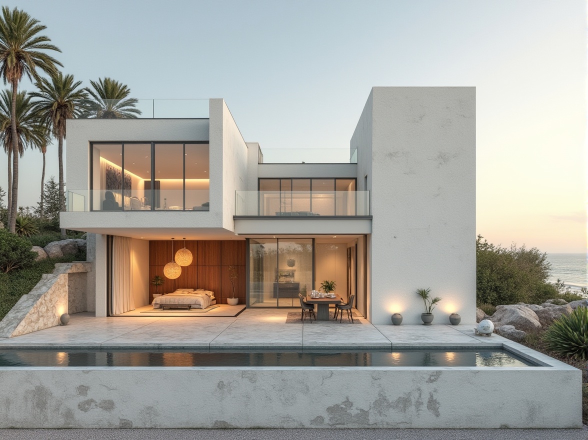 Prompt: Beach modernism home, exterior, white stucco walls, large windows, sliding glass doors, flat roof, minimal ornamentation, clean lines, open floor plan, high ceilings, natural materials, wood accents, stone flooring, minimalist decor, coastal landscape, beachy vibe, warm sunlight, ocean views, distant palm trees, gentle sea breeze.