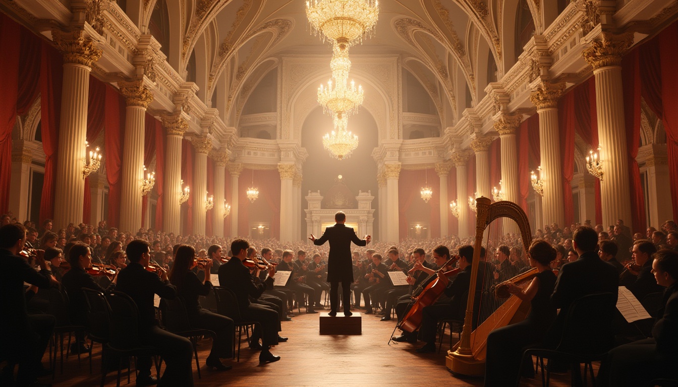 Prompt: Grand concert hall, Baroque architecture, white marble columns, intricate gold ornaments, high ceilings with ornate chandeliers, luxurious red velvet curtains, golden harp, polished wooden floor, elegant grand piano, soft focus on the musicians, warm spotlight on the conductor, dramatic low-key lighting, 3/4 composition, shallow depth of field, classical music atmosphere, majestic ambiance.