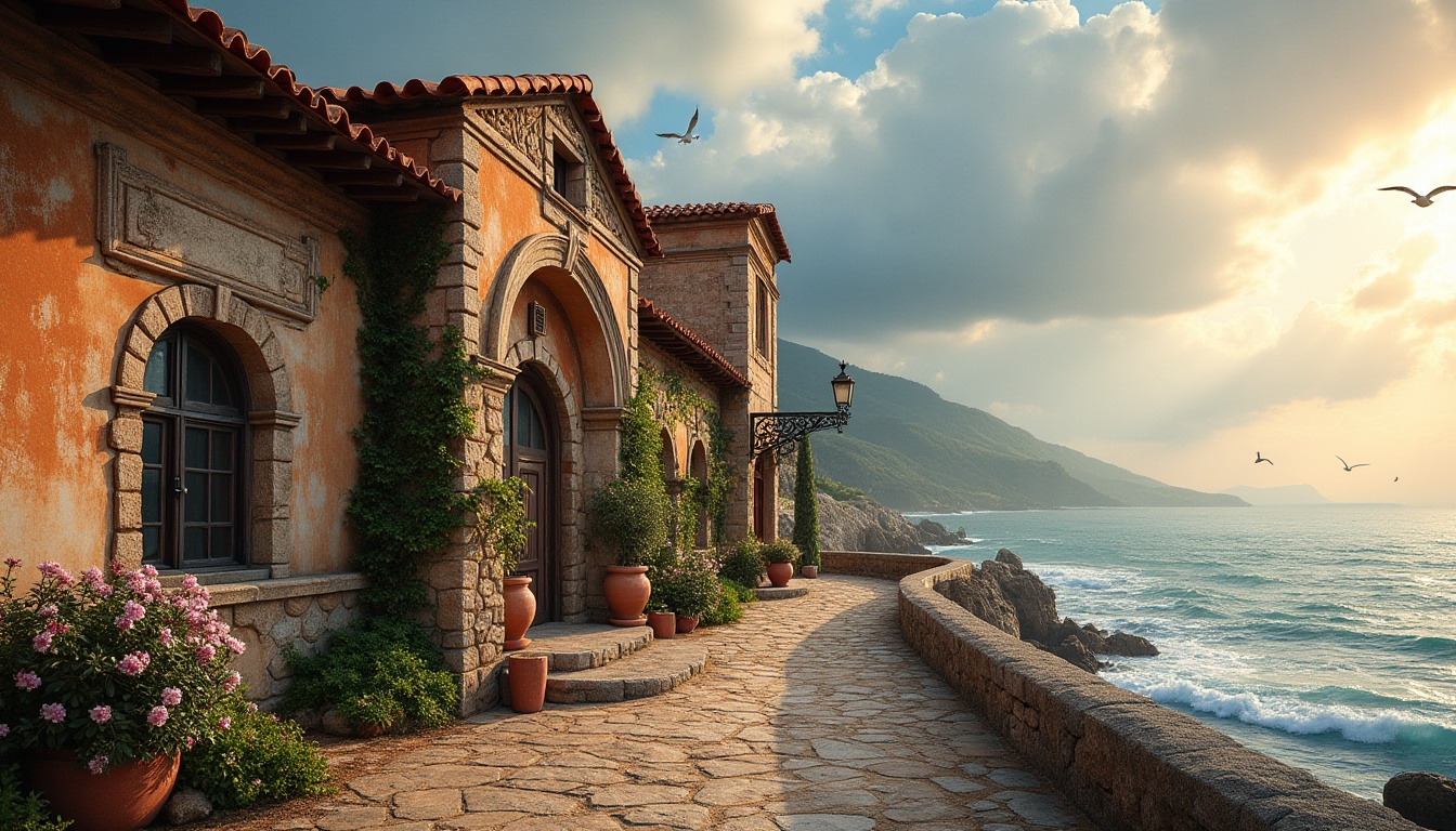 Prompt: Coastal Romanesque architecture, Mediterranean seaside villa, corrugated metal roof, weathered rusty tone, ornate stone walls, grand arched windows, intricately carved wooden doors, lush greenery crawling up walls, blooming flowers in terra cotta pots, ocean waves crashing against rugged shoreline, seagulls flying overhead, warm golden sunlight casting long shadows, dramatic cloudy sky with sunbeams breaking through, 3/4 composition, low angle shot, soft focus on background, high contrast, cinematic lighting.