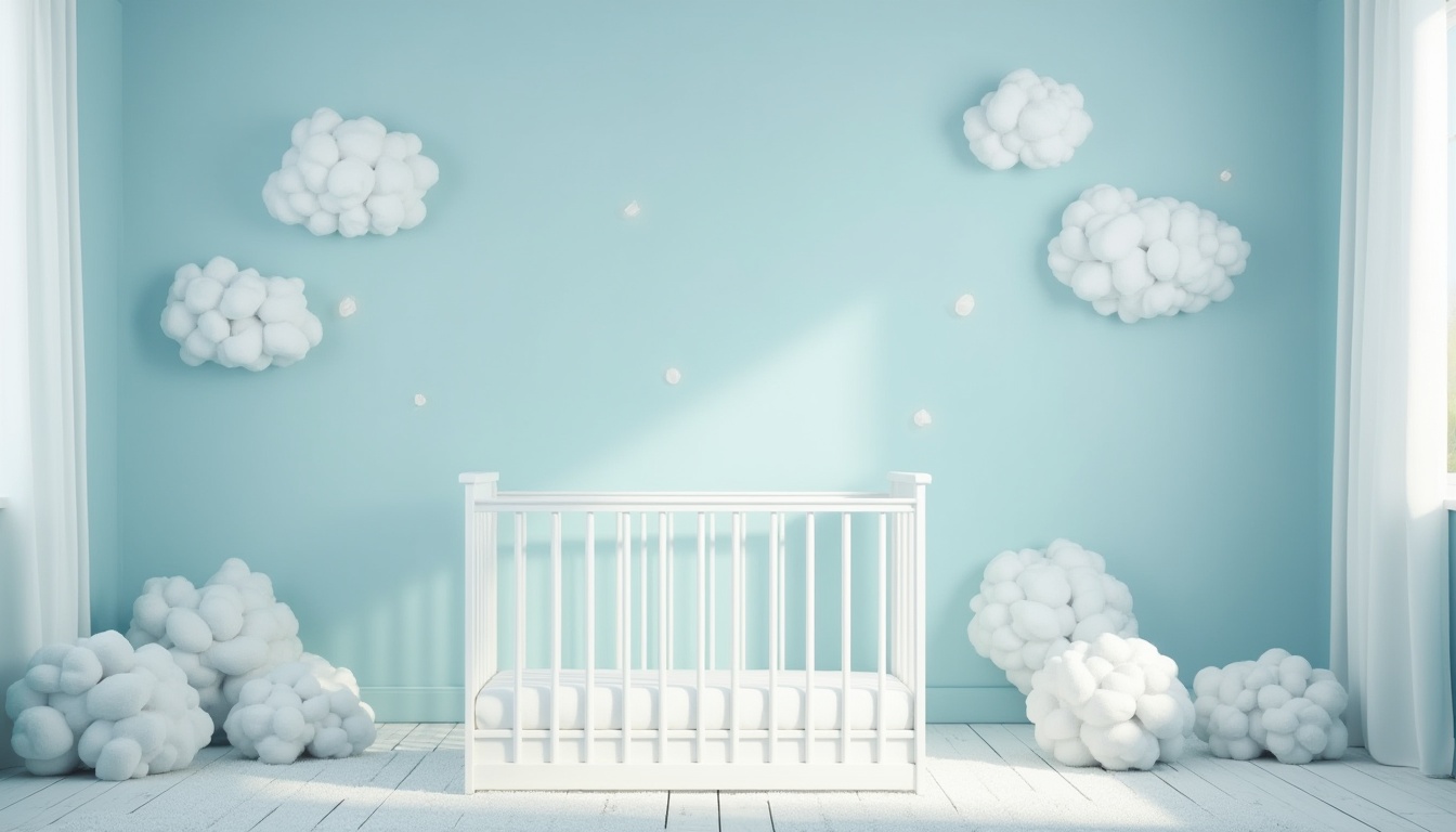 Prompt: Baby blue color, calming atmosphere, gentle mood, pastel tone, soft lighting, warm composition, rounded shapes, cute design elements, nursery rhyme illustration style, white clouds, fluffy texture, subtle gradient effects, minimalist layout, clean typography, modern interior design, Scandinavian furniture, wooden accents, cozy reading nook, peaceful ambiance, serene environment.