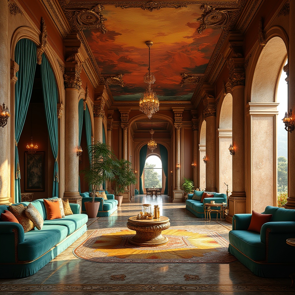 Prompt: Grand, luxurious interior, fusion of Baroque style with canyon elements, majestic stone walls, ornate gold accents, rich velvet drapes, intricately carved wooden furniture, vibrant turquoise and terracotta hues, majestic chandeliers, dramatic archways, imposing stone columns, sprawling canyon-inspired landscape painting on ceiling, lavish furnishings, opulent fabrics, warm golden lighting, 3/4 composition, low-angle shot.