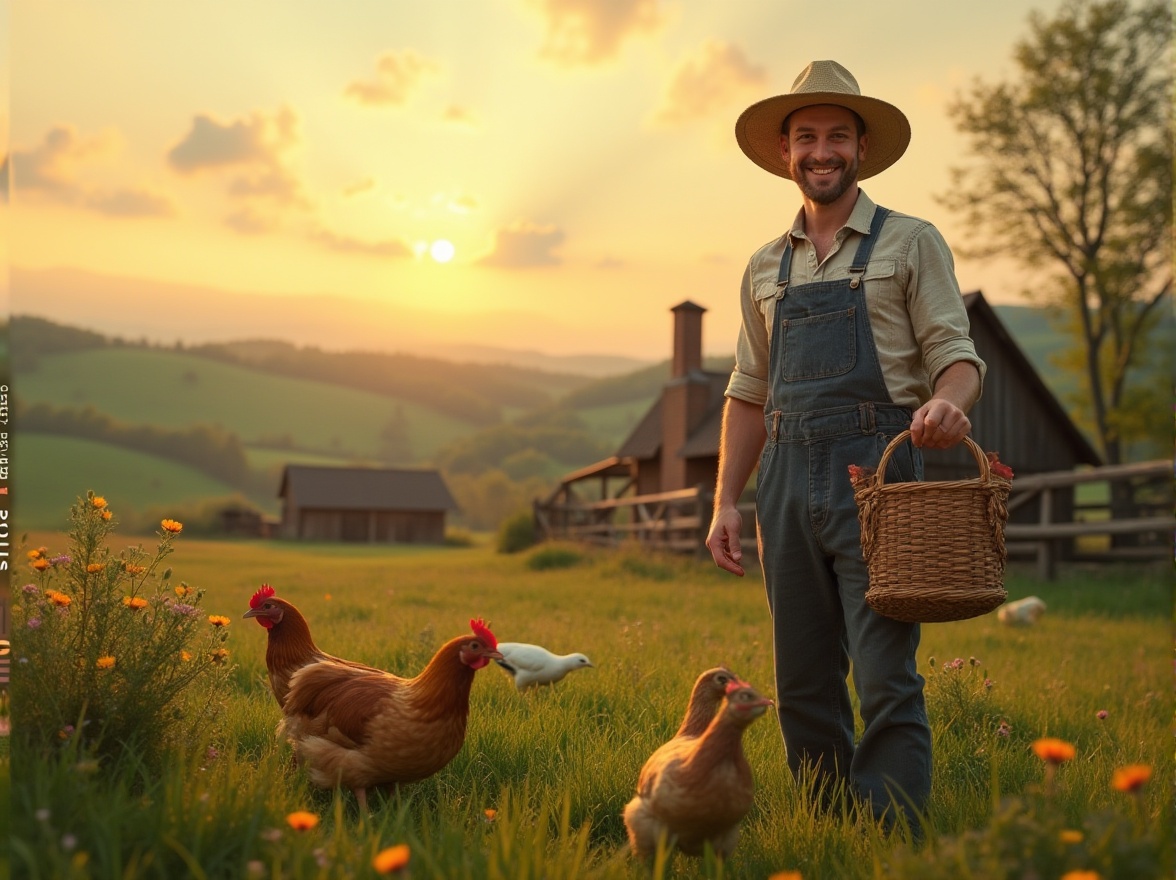 Prompt: Rural landscape, peaceful atmosphere, gentle sunset, rolling hills, green pastures, wildflowers blooming, old wooden fences, rustic farmhouses, smoking chimneys, happy farmer, straw hat, overalls, holding a basket, surrounded by chickens, ducks, and pigs, warm lighting, soft focus, shallow depth of field, 3/4 composition, earthy tone, natural texture.