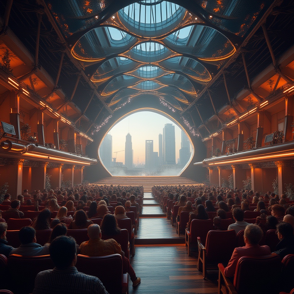 Prompt: Futuristic auditorium, fusion architecture, grandiose entrance, intricate glass ceiling, metallic pillars, curved lines, dynamic lighting, evening atmosphere, warm color scheme, wooden floor, comfortable seating, minimalist stage design, soft spotlighting, panoramic view, low-angle shot, cinematic composition, urban cityscape background, skyscrapers, busy streets, subtle mist effect, atmospheric ambiance.