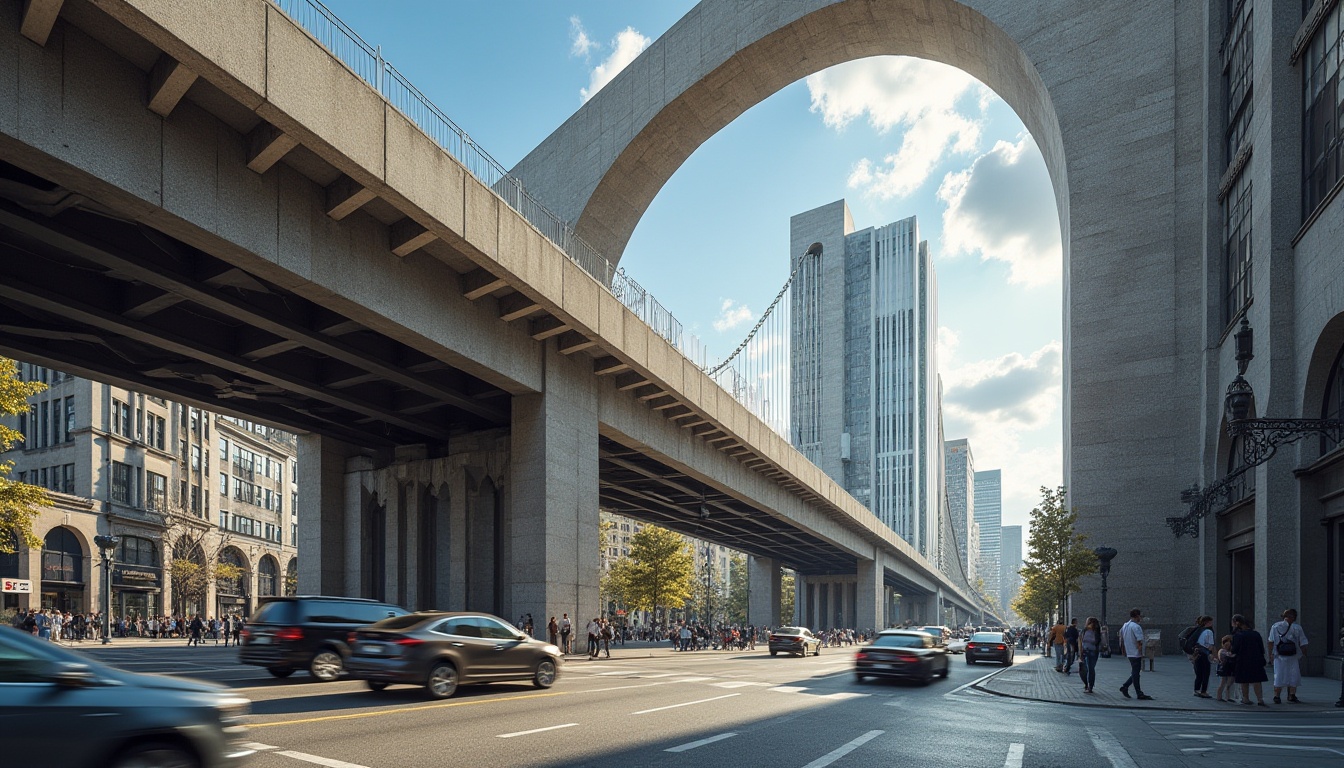 Prompt: Granite bridge, modern architecture, strong structure, rough texture, grey-brown color, arch shape, urban setting, cityscape background, busy street scene, pedestrian traffic, cars driving by, sunny day, high contrast lighting, dramatic shadows, dynamic composition, low-angle shot, heroic perspective.