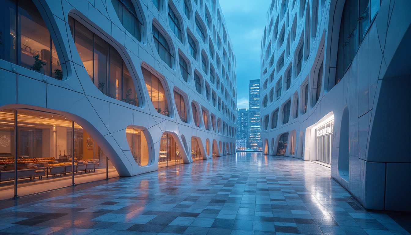 Prompt: Modern building, polyethylene material, white facade, reflective surface, urban cityscape, skyscraper, futuristic design, sleek lines, geometric shape, metallic accents, neon lights, night scene, close-up shot, high-angle view, dramatic lighting, shallow depth of field, vibrant color tone, HDRI, cinematic composition.