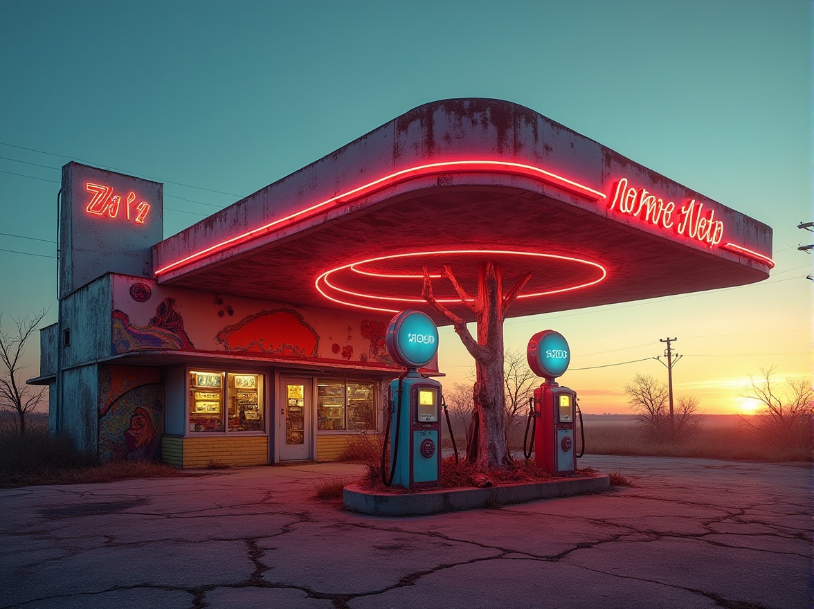 Prompt: Abandoned gas station, postmodern architecture, retro-futuristic, neon lights, vibrant colors, irregular shapes, bold typography, abstract mural, broken pumps, rusty metal, cracked asphalt, overgrown weeds, desolate highway, sunset sky, warm golden light, low-angle shot, dramatic shadows, cinematic composition, 3/4 view, American Midwest landscape.