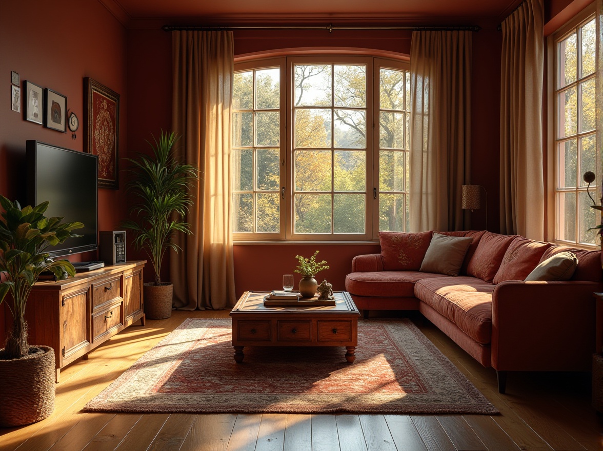 Prompt: Cozy living room, warm atmosphere, burgundy accent wall, dark wood furniture, plush velvet sofa, soft cushions, golden lighting, rustic wooden coffee table, vintage rug, floor-to-ceiling windows, greenery outside, autumn leaves, afternoon sun, warm beige curtains, soft focus, shallow depth of field, cinematic composition, 3/4 view.