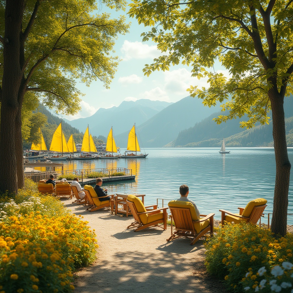 Prompt: Lakefront scenery, sunny afternoon, bright yellow flowers blooming along the shore, warm yellow tone wooden dock, sailboats with yellow sails, reflection of yellow hue on calm lake water, lush green trees providing shade, comfortable yellow cushioned outdoor furniture, few people relaxing in a tranquil atmosphere, distant mountains creating a serene backdrop, soft warm lighting, 3/4 composition, panoramic view.