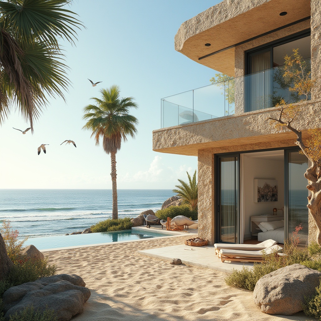 Prompt: Coastal architecture, beachside villa, modern design, sandstone exterior walls, textured rough surface, natural earth tone color, rustic charm, ocean view, palm trees, seagulls flying overhead, sunny day, clear blue sky, gentle sea breeze, waves crashing against the shore, driftwood decoration, minimalist interior design, large windows, sliding glass doors, ocean-inspired furniture, nautical elements, soft warm lighting, airy atmosphere, beachy feel.