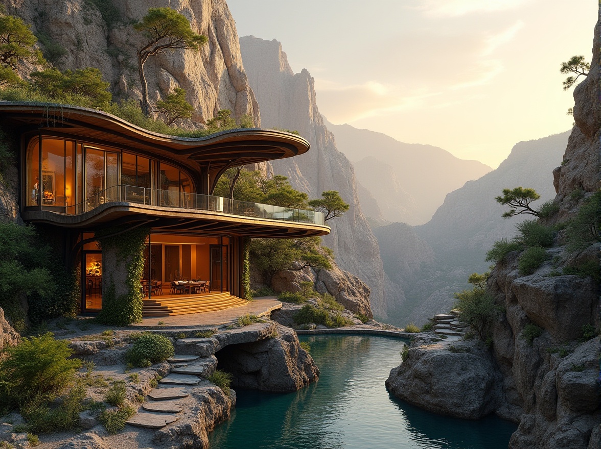 Prompt: Canyon landscape, integrated pavilion design, modern architecture, curves blending with natural terrain, steel beams, glass roof, wooden accents, lush greenery, vines crawling up pillars, tranquil water features, stepping stones, winding paths, scenic lookout points, panoramic views, warm sunset lighting, dramatic shadows, rocky cliffside, vast desert skies, distant misty mountains.