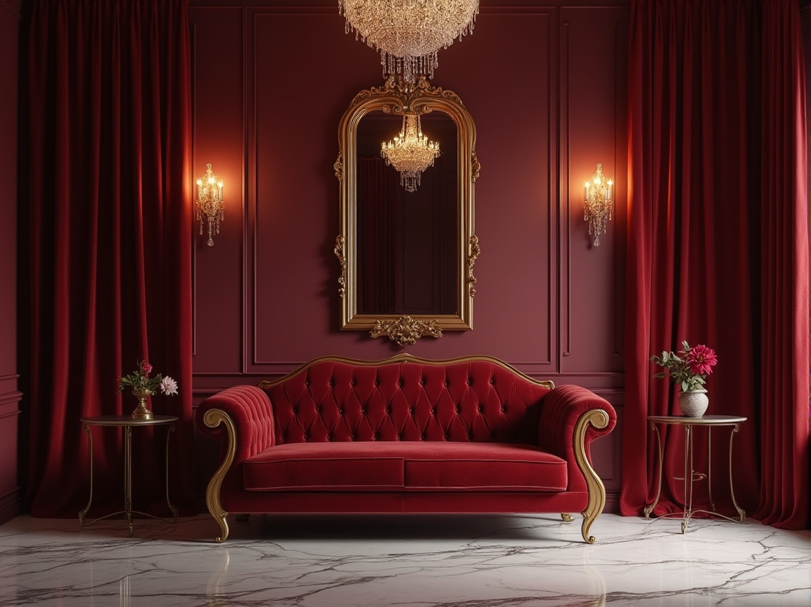 Prompt: Luxurious interior, burgundy accent wall, velvet sofa, gold frame, ornate mirror, marble floor, crystal chandelier, lavish drapes, warm lighting, rich texture, sophisticated ambiance, elegant composition, shallow depth of field, 3/4 view, cinematic mood.