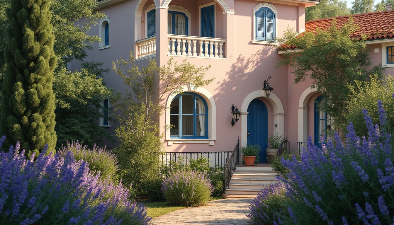 Prompt: Mediterranean villa, periwinkle exterior walls, ornate white windows, terracotta roof tiles, lush greenery surroundings, blooming lavender bushes, delicate ironwork balcony railings, warm afternoon sunlight casting long shadows, soft focus, 3/4 composition, beautiful detailed texture, realistic, ambient light, cinematic atmosphere, serene, peaceful.