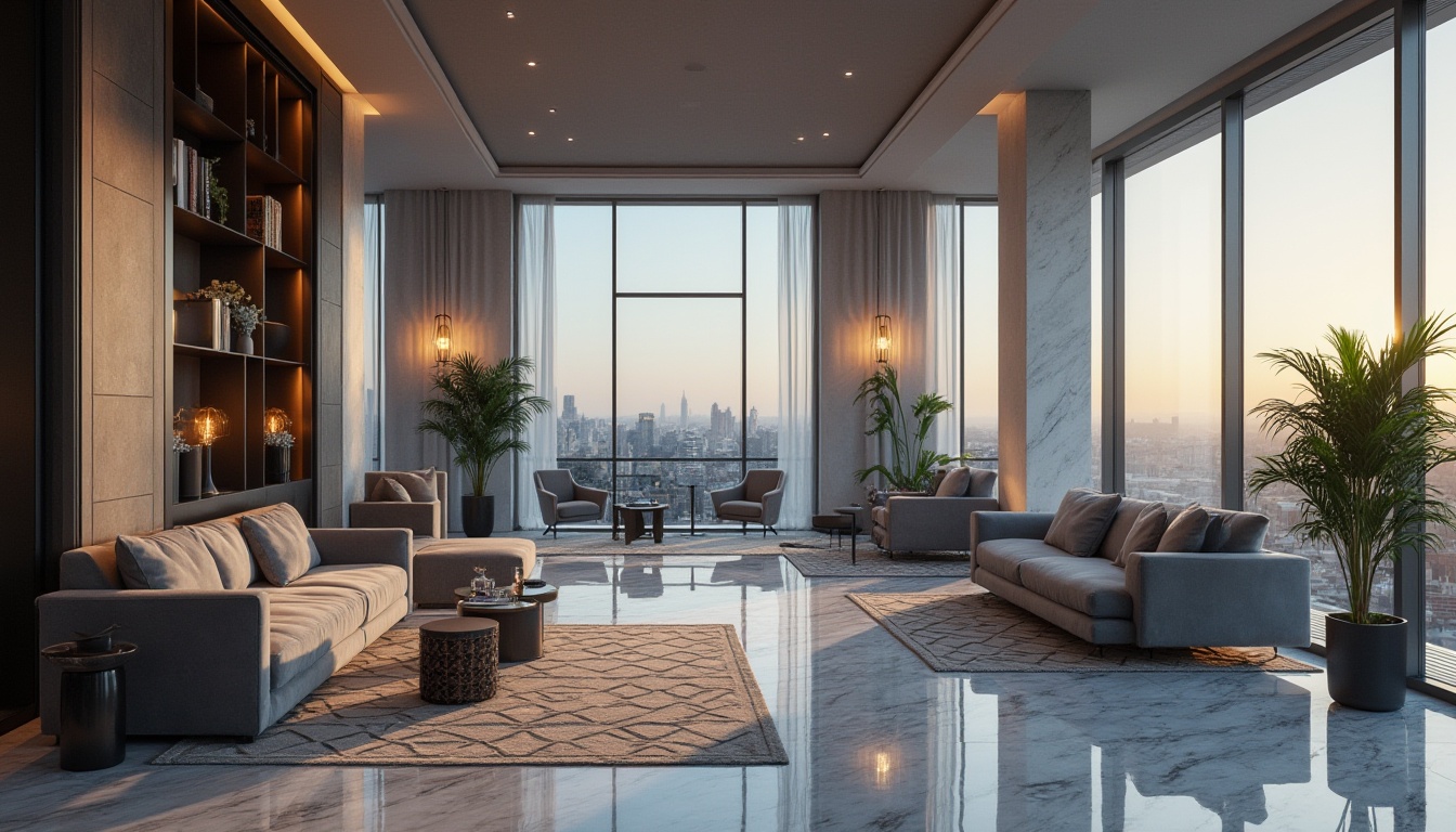 Prompt: Modern hotel lobby, gray tone color palette, sleek lines, minimalist decor, luxurious ambiance, marble flooring, gray velvet sofas, geometric patterned rugs, floor-to-ceiling windows, natural light pouring in, urban cityscape view, evening atmosphere, warm softbox lighting, 3/4 composition, shallow depth of field.