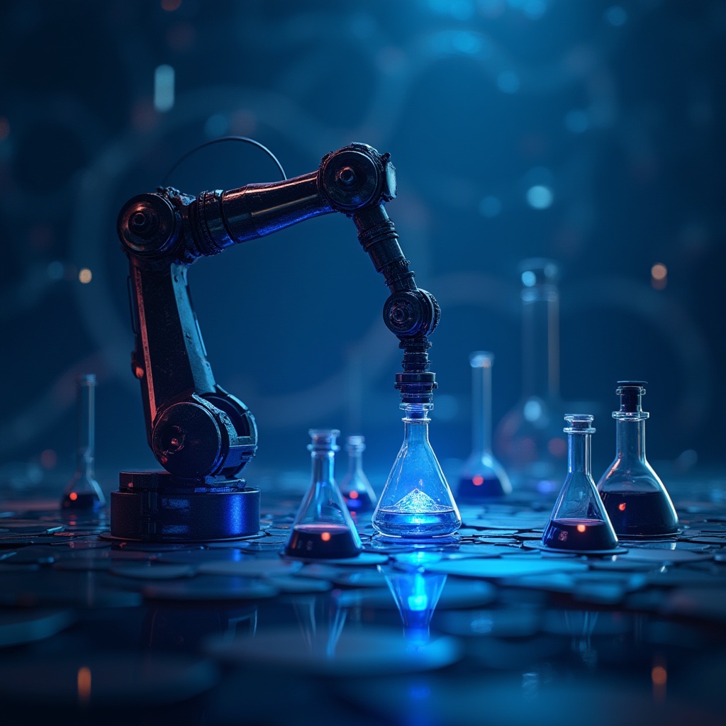 Prompt: Dark Prussian blue, gradient background, abstract composition, swirling patterns, futuristic texture, metallic sheen, neon lights, robotic arm, laboratory setting, scientific equipment, beakers, test tubes, molecular structure, 3D model, innovative design, sleek lines, minimalist aesthetic, high-tech atmosphere, cinematic lighting, shallow depth of field, dramatic shadows.