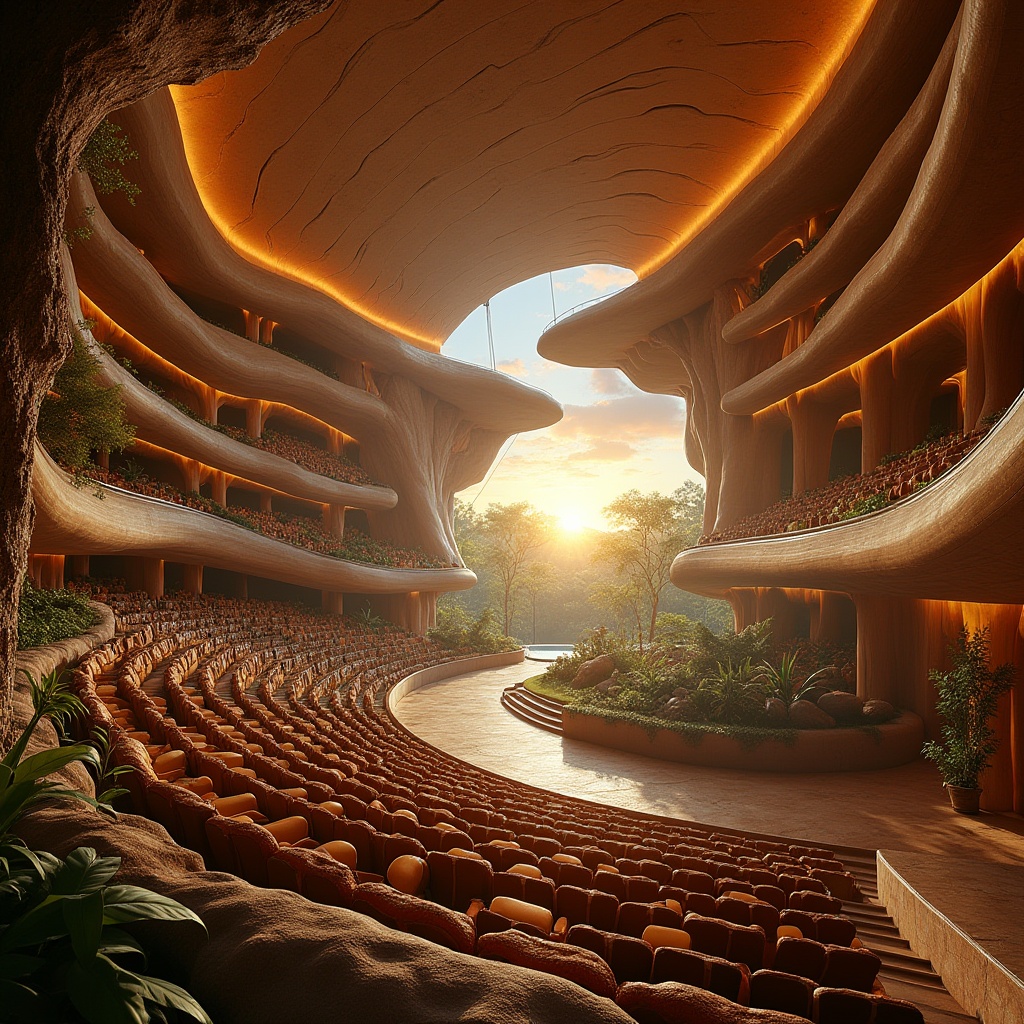 Prompt: Savanna-inspired auditorium, unique architectural design, curved lines, natural materials, wooden accents, earthy tones, warm lighting, African-inspired patterns, vibrant textiles, lush greenery, tropical plants, open spaces, airy atmosphere, dramatic staircases, grand entrances, panoramic views, warm sunsets, cinematic composition, soft focus, depth of field, ambient light, realistic rendering.