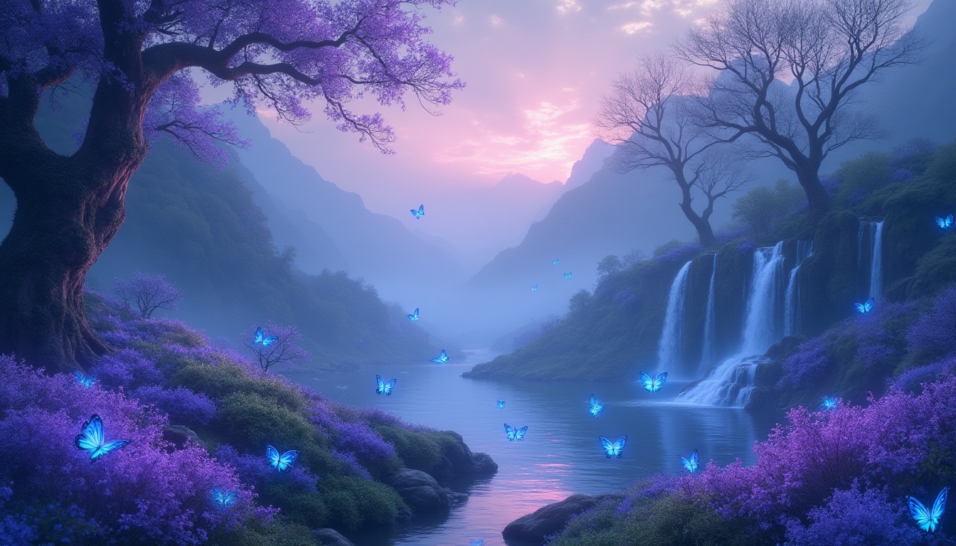 Prompt: Fantasy landscape, whimsical atmosphere, incorporating blue and violet colors, dreamy misty mountains, glowing blue flowers, violet sparkling waterfalls, delicate butterflies with iridescent wings, lush greenery, twisted ancient trees, mystical fog, shimmering dew, soft warm light, cinematic composition, panoramic view, vibrant colors, gradient sky, ethereal mood.