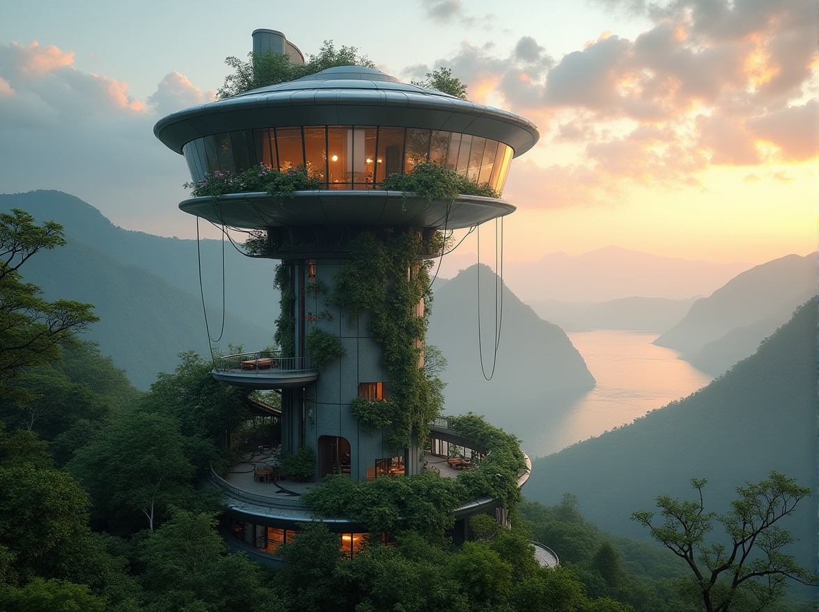 Prompt: Watching tower, futuristic, sleek, metallic structure, surrounded by lush greenery, vines crawling up walls, blooming flowers on balconies, curved lines blending with nature, eco-friendly, sustainable, panoramic view, overlooking a serene lake, misty mountains in the distance, warm sunset lighting, soft focus, atmospheric perspective, subtle fog, dramatic clouds, 3/4 composition, ambient occlusion, cinematic mood.