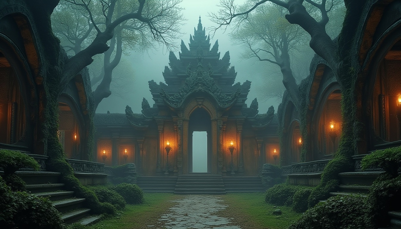 Prompt: Ancient mystical temple, stone structures, intricate carvings, moss-covered walls, mysterious atmosphere, misty fog surrounding, lanterns hanging from trees, overgrown with vines, giant stone statues, pedestal, grand entrance, torches lit, warm golden light, low angle shot, dramatic composition, cinematic mood.