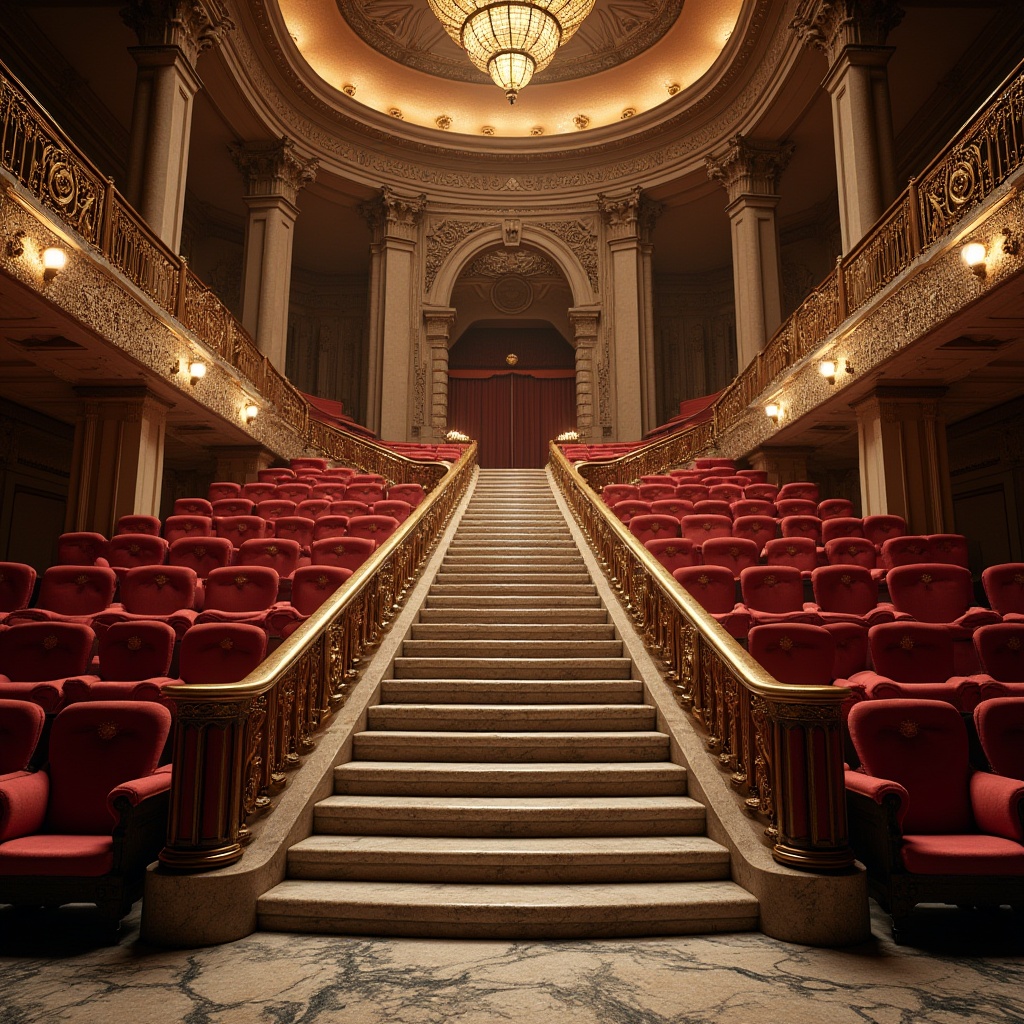 Prompt: Granite auditorium interior, luxurious design, grand staircase, polished granite flooring, intricate stone carvings, ornate chandeliers, velvet red seats, golden metal railings, majestic columns, high ceiling, dramatic spotlights, soft warm lighting, 3/4 composition, cinematic angles, depth of field, realistic textures, ambient occlusion.