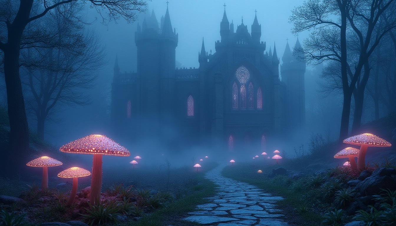 Prompt: Fantasy scenery, misty atmosphere, blue and violet hues dominant, mystical glowing mushrooms, sparkling dew drops on grass, a winding stone path, leading to a grand, ancient, ruined castle, ivy-covered walls, stained glass windows, intricate carvings, mysterious, abandoned, foggy, soft focus, cinematic lighting, 3/4 composition.