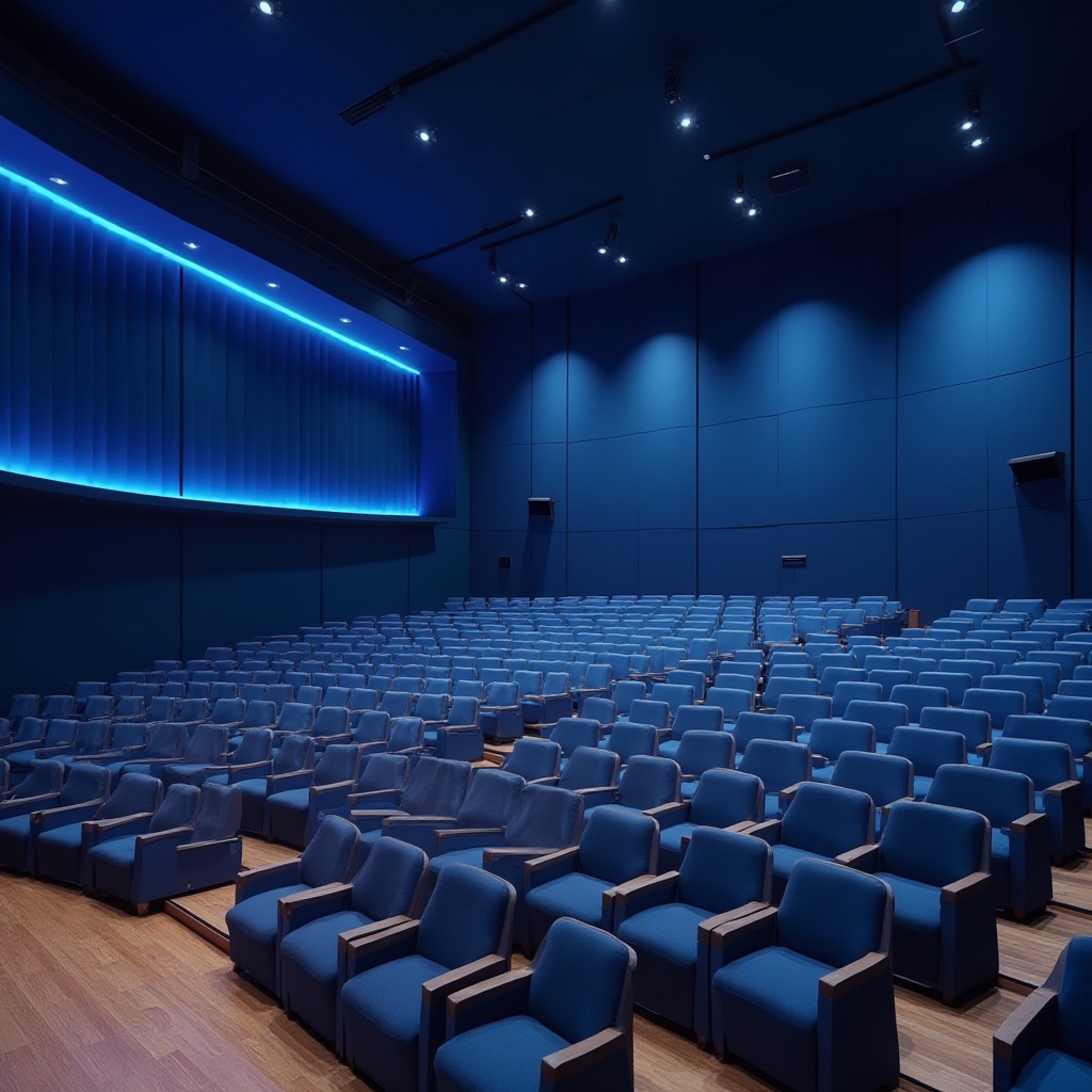 Prompt: Modern auditorium, blue accent walls, gradient ceiling, rows of blue upholstered seats, wooden floor, minimalist podium, soft blue ambient lighting, subtle shadows, 3/4 composition, wide-angle lens, cinematic depth of field, calm atmosphere, elegant architectural details, curved lines, geometric patterns, acoustic panels, soundproofing materials, blue LED strip lights, warm white spotlights.