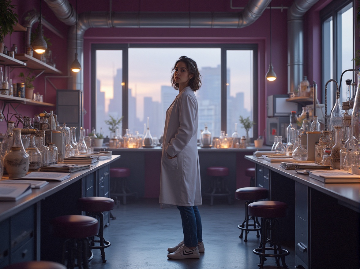 Prompt: Modern laboratory, plum accent wall, futuristic equipment, glass containers, scientist in white coat, goggles on forehead, messy brown hair, minimal makeup, casual jeans, sneakers, standing, experimenting, dim lighting, industrial pipes, metallic tables, leather-bound notebooks, various beakers, test tubes, plum-colored stools, wooden shelves, large windows, city view, afternoon sun, subtle shadows, cinematic composition.