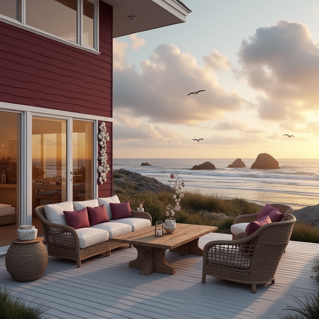 Prompt: Coastal scene, burgundy accent wall, modern beach house, large windows, white wooden deck, driftwood coffee table, nautical rope decorations, seashell wind chimes, wicker armchairs with burgundy cushions, ocean view, sunset time, warm golden light, few seagulls flying overhead, calm waves crashing on the shore, sandy beach, rocky formations in the distance, dramatic cloudy sky, cinematic composition, soft focus, warm ambient lighting.