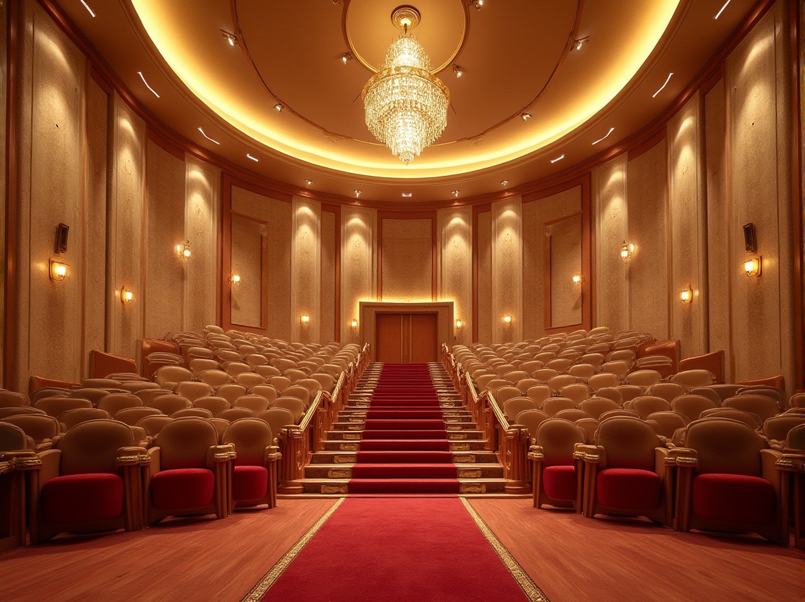 Prompt: Auditorium interior design, granite wall cladding, shiny polished finish, luxurious ambiance, warm beige tone, ornate column details, grand staircase, red carpeted floor, golden metal handrail, crystal chandelier, rows of comfortable seats, wooden acoustic panels, professional lighting system, evening atmosphere, soft spotlighting, 3/4 composition, low-angle shot.