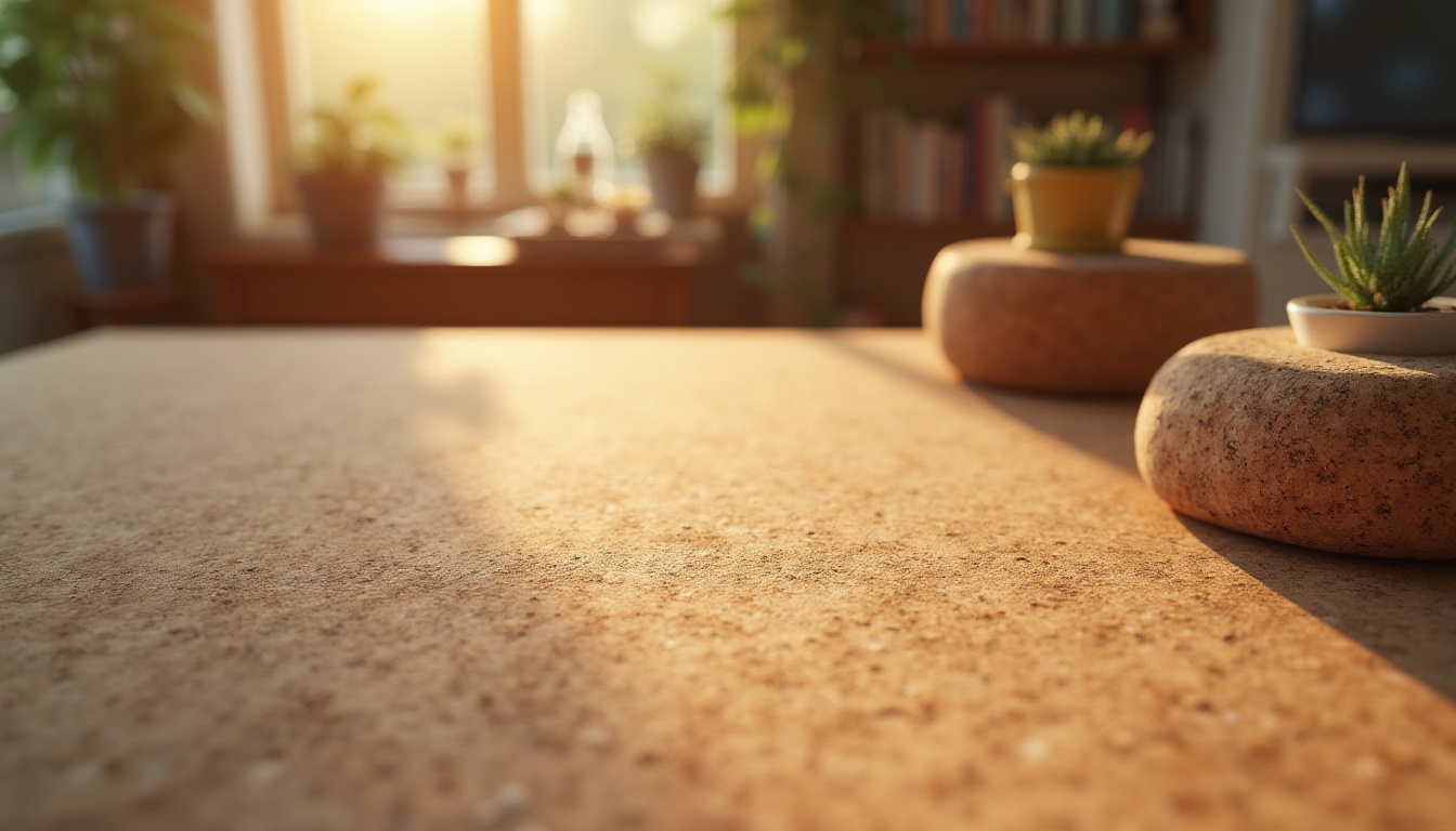 Prompt: Cork material, sustainable, modern design, eco-friendly, textured surface, natural pattern, earthy tone, wooden furniture, living room, warm lighting, afternoon sunbeam, 3/4 composition, shallow depth of field, rustic vibe, Scandinavian style, cozy atmosphere.