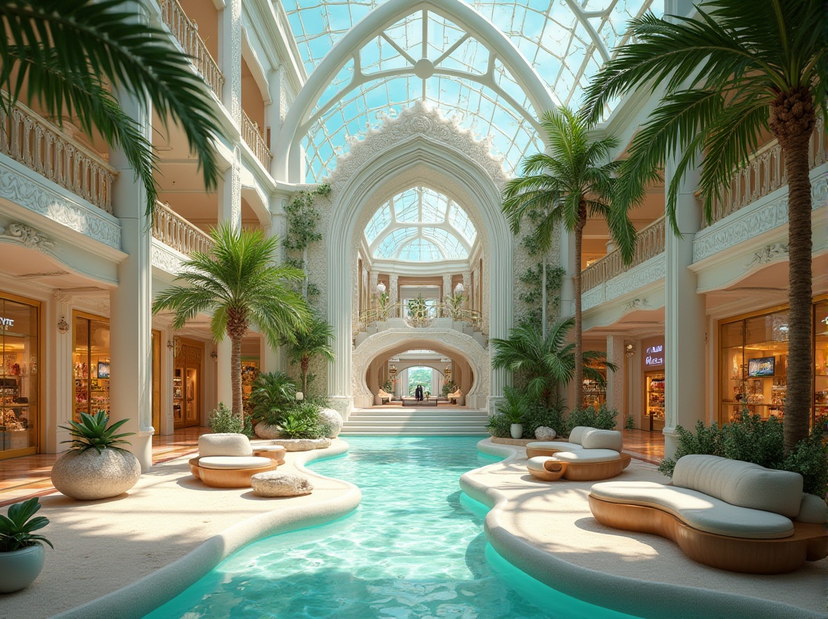 Prompt: Art Nouveau architecture, luxurious shopping center, beach-inspired interior design, grand entrance with ornate iron gates, wavy lines and organic forms, turquoise and pearl white color scheme, intricate mosaics, flowing staircase, shell-shaped decorations, ocean-blue glass ceiling, soft golden lighting, palm trees, sandy floor, driftwood benches, seashell-patterned tiles, majestic aquariums, elegant storefronts, beachy vibe, seaside resort atmosphere, warm sunny day, 3/4 composition, low-angle shot.