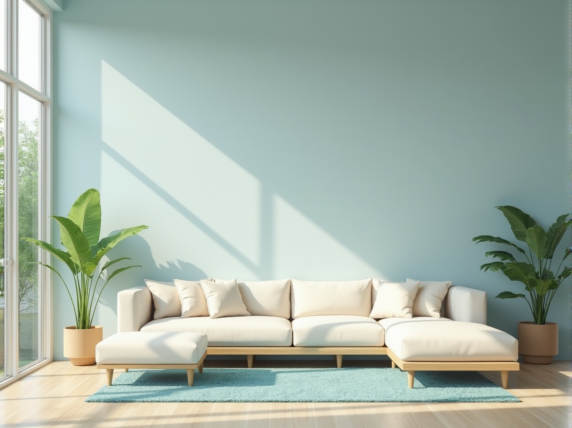 Prompt: Soft light blue walls, calming atmosphere, minimalist interior design, modern villa, large windows, natural lighting, simple furniture, cream-colored sofa, matching ottoman, blue-green area rug, potted plants, peaceful ambiance, warm beige floor, subtle texture, 3/4 composition, soft focus, morning sunlight.