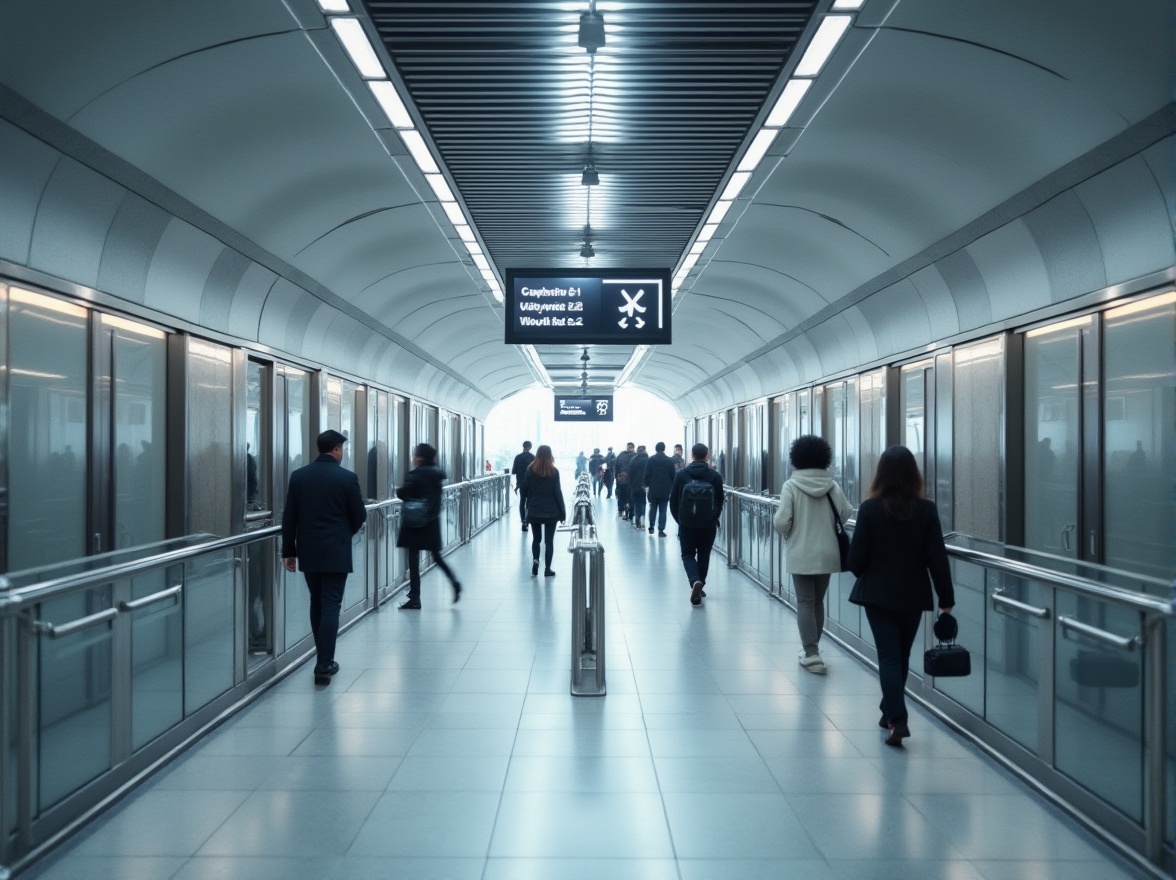 Prompt: Modern metro station, light gray tone, sleek lines, minimalist architecture, urban feel, bustling atmosphere, commuters in motion, LED screens displaying schedules, glass partitions, stainless steel handrails, polished marble floors, subtle ambient lighting, panoramic view of the platform, 3/4 composition, shallow depth of field.