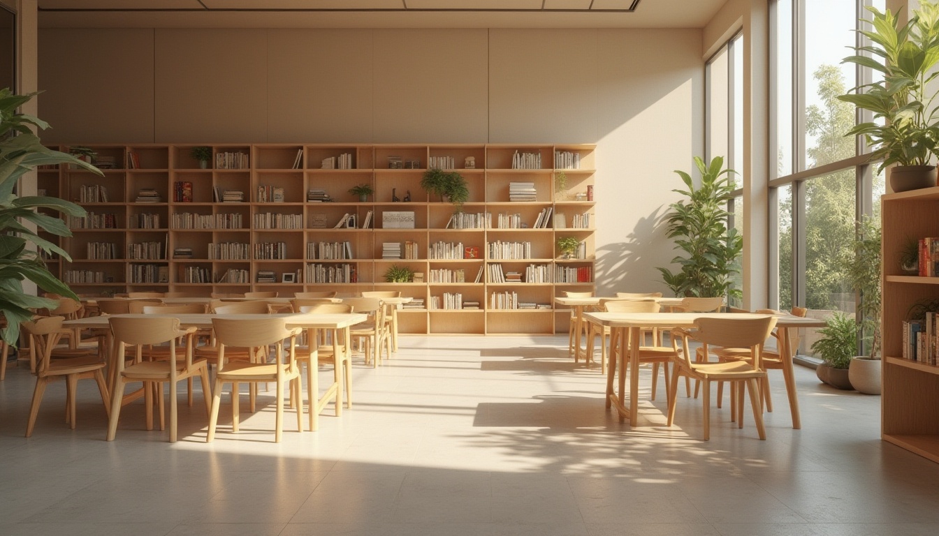 Prompt: Modern minimalist library, quiet atmosphere, empty tables, simple wooden chairs, floor-to-ceiling bookshelves, soft warm lighting, neutral color palette, beige walls, polished concrete floors, green plants on shelves, calm ambiance, afternoon natural light, subtle shadows, shallow depth of field, 3/4 composition, panoramic view, facial close-up, gentle focus, cinematic mood, peaceful solitude, intellectual atmosphere.