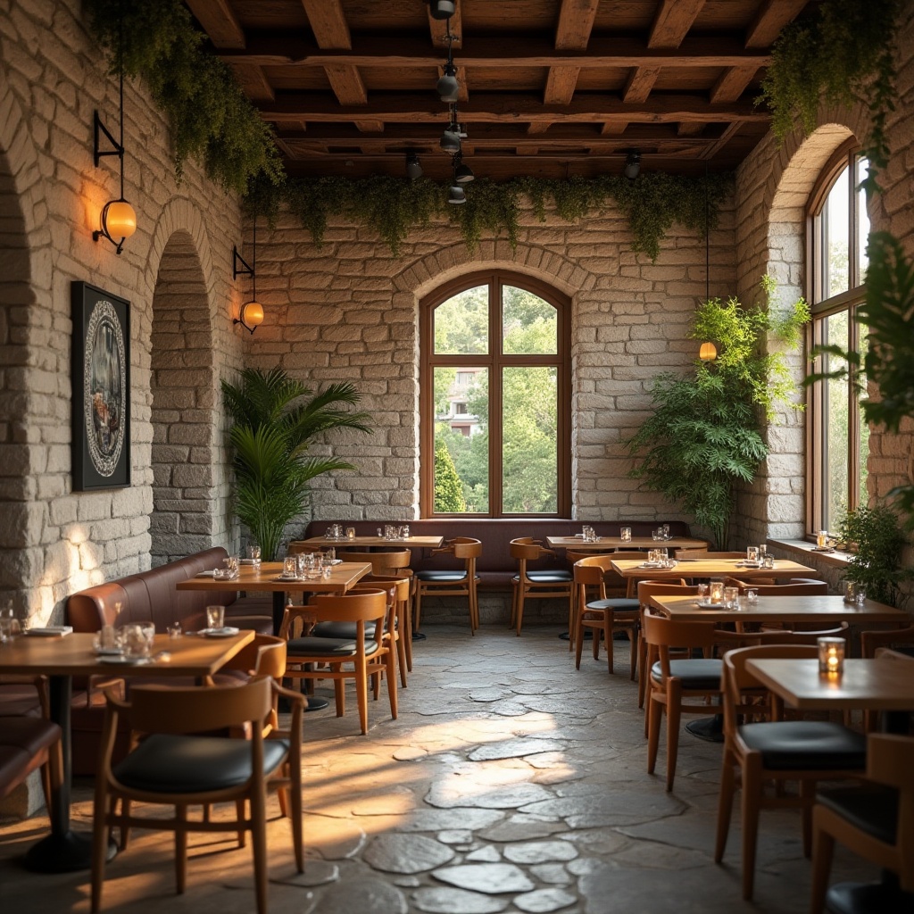 Prompt: Indoor restaurant scene, modern luxurious ambiance, masonry material walls, stone texture, rough-hewn stones, earthy color palette, warm atmospheric lighting, wooden tables and chairs, greenery hanging from ceiling, minimalist decorations, natural stone flooring, rustic-chic style, soft focus on background, shallow depth of field, inviting atmosphere, morning light filtering through large windows, subtle shadows, 3/4 composition, cinematic mood.