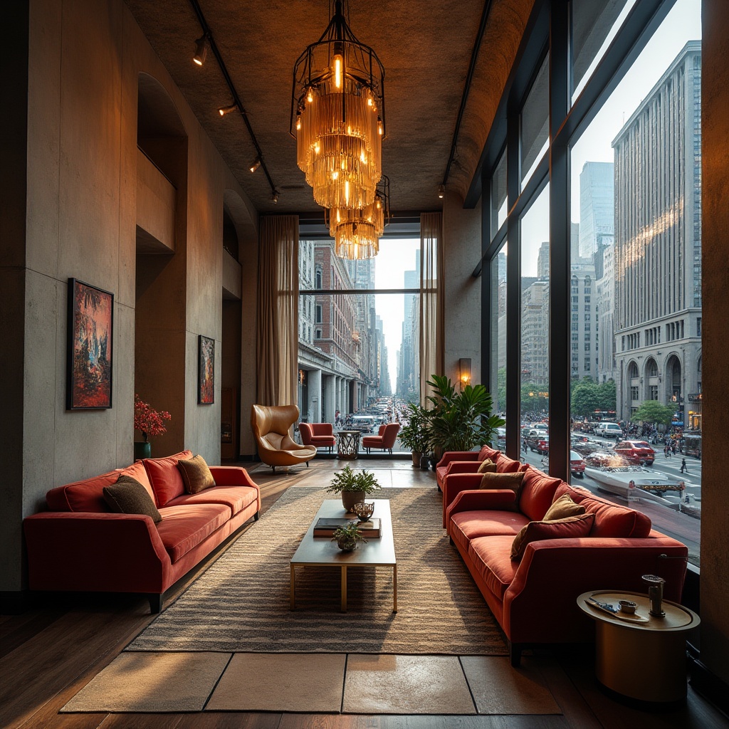 Prompt: Eclectic hotel lobby, urban chic atmosphere, luxurious velvet sofa, metallic accents, industrial concrete walls, reclaimed wood flooring, geometric patterned rug, modern chandelier, floor-to-ceiling windows, cityscape view, bustling streets, skyscrapers, busy pedestrians, warm golden lighting, 3/4 composition, shallow depth of field, dramatic shadows, cinematic ambiance.