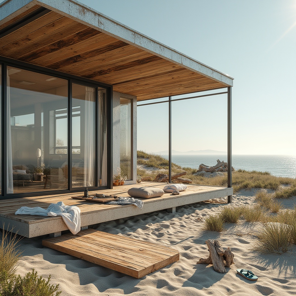 Prompt: Coastal scenery, modern beach house, galvanized steel structure, weathered wood accents, large windows, panoramic view, sandy dunes, beach towels, sunglasses, flip flops, coastal plants, driftwood, rusted metal details, reflective surfaces, soft warm lighting, 3/4 composition, shallow depth of field, minimalist decor, sleek lines, modern architecture, summer atmosphere.