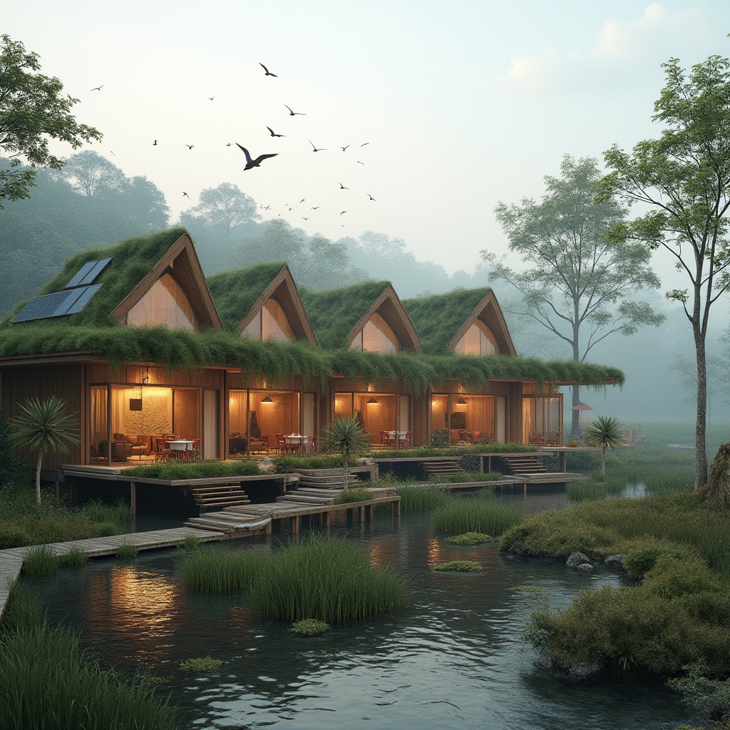 Prompt: Wetland hotel, eco-friendly architecture, wooden structure, green roof, solar panels, large windows, modern interior design, luxurious furniture, soft lighting, natural materials, water features, misty atmosphere, morning fog, surrounding wetlands, diverse wildlife, birds flying overhead, lush vegetation, boardwalk, canoe docking station, serene ambiance, 3/4 composition, warm color tone, shallow depth of field.