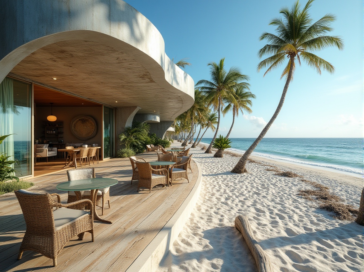 Prompt: Beachside, modern villa, galvanized steel, curved lines, reflective surface, rust-resistant, outdoor furniture, woven rattan chairs, glass tables, tropical plants, palm trees, sandy beach, clear blue sky, sunny day, shallow water, seashells, driftwood, weathered wood, rough texture, natural ambiance, 3/4 composition, panoramic view, soft focus, warm lighting.