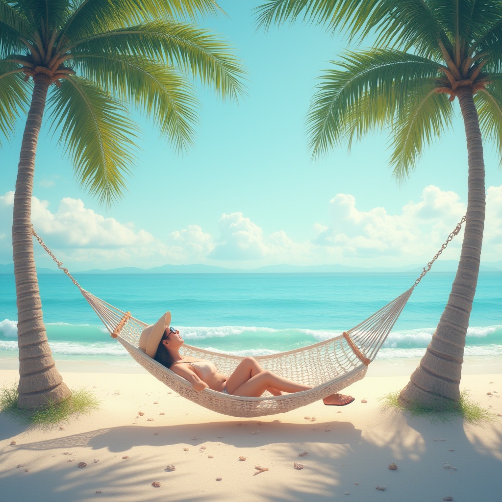 Prompt: Pastel light blue color, calming atmosphere, serene ambiance, soft glowing lighting, gentle waves, peaceful ocean view, tropical beach, clear sky with few puffy clouds, warm sandy dunes, a lone palm tree swaying gently, seashells scattered around, a comfortable hammock between two palm trees, relaxing solo figure reclining, eyes closed, gentle facial expression, casual summer outfit, sandals, sunglasses, beach hat, soft ocean breeze rustling hair.