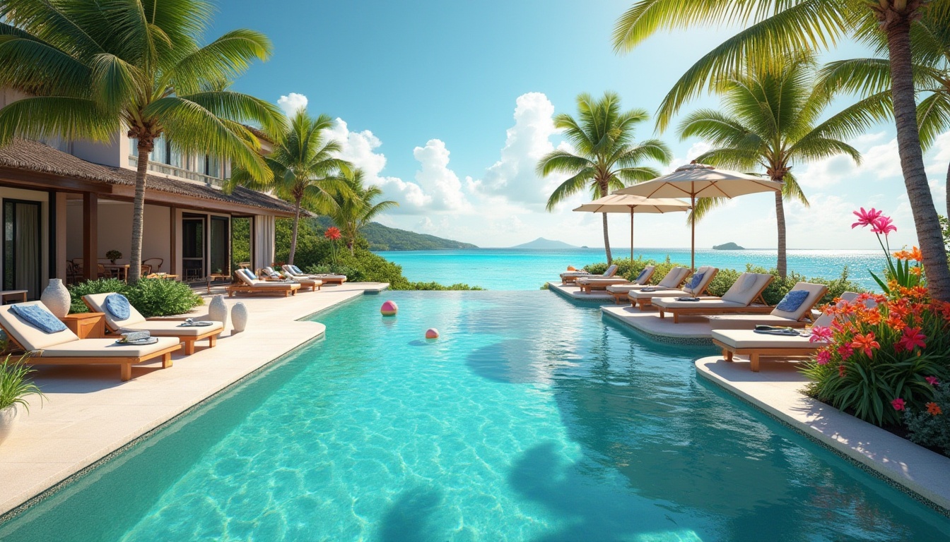 Prompt: Island oasis, luxurious villa, palm trees, tropical flowers, turquoise pool water, infinity edge, waterfall feature, lounge chairs, colorful towels, beach balls, sunglasses, cocktail glasses, ice buckets, lush greenery, sunny sky, fluffy white clouds, 3/4 composition, warm lighting, shallow depth of field, serene atmosphere, exotic getaway.