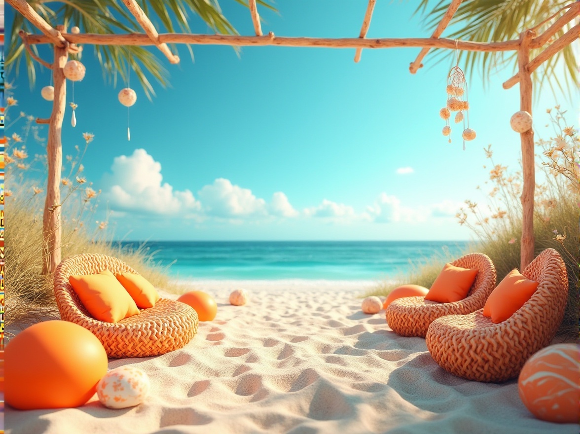 Prompt: Coastal space, bright tangerine color, vibrant beach balls, woven wicker furniture, nautical ropes, driftwood decorations, seashell wind chimes, warm sandy dunes, clear blue skies, few puffy white clouds, gentle ocean breeze, soft natural lighting, 3/4 composition, panoramic view, shallow depth of field, inviting ambiance, refreshing atmosphere.