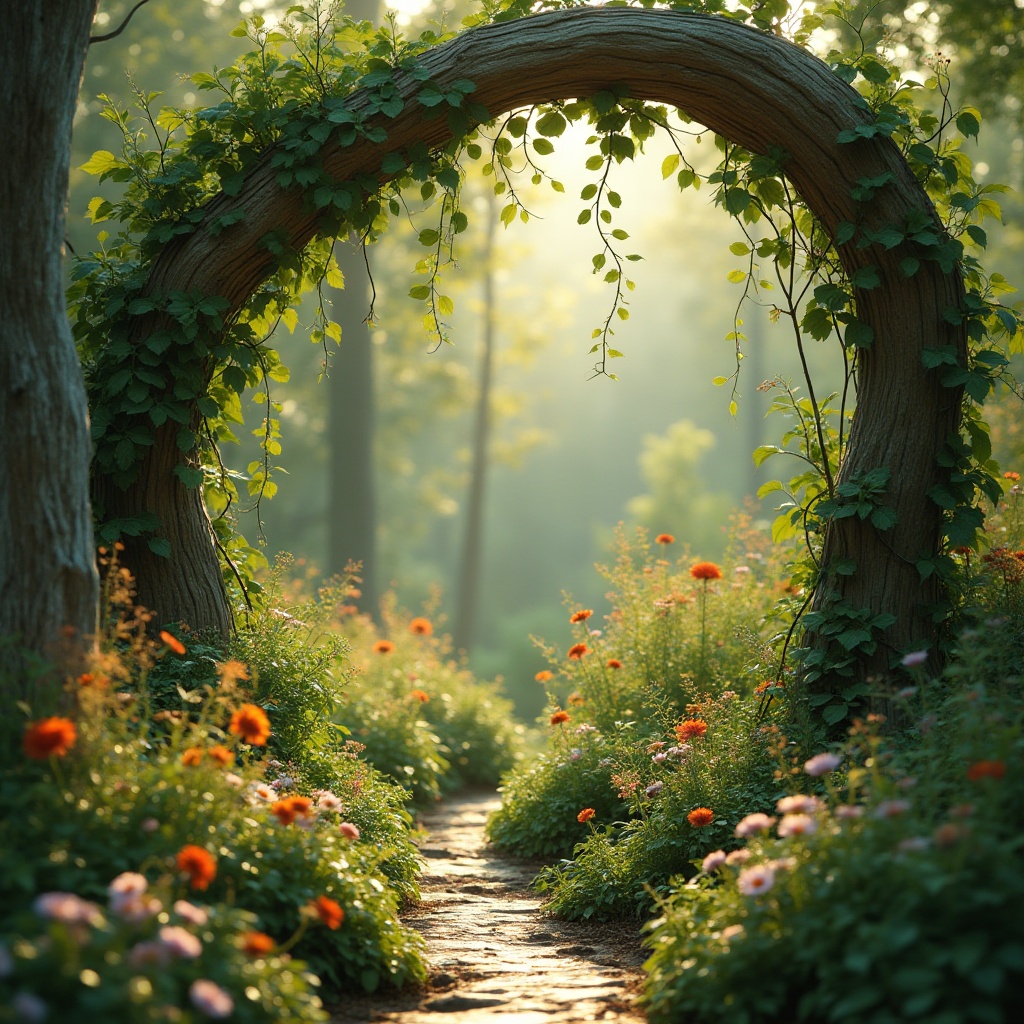 Prompt: Organic shapes, botanical garden, lush greenery, vines entwined, curved lines, fluid forms, natural materials, earthy tones, warm lighting, soft focus, blurred background, shallow depth of field, abstract composition, artistic expression, impressionist style, vibrant colors, blooming flowers, leaves unfolding, gentle breeze, serene atmosphere.