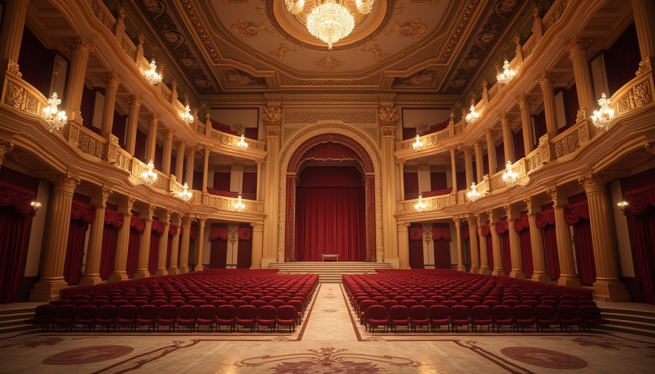 Prompt: Grand, luxurious auditorium, classicism style, ornate decorations, high ceilings, crystal chandeliers, marble floors, red velvet curtains, golden accents, intricate moldings, sweeping staircases, majestic columns, regal atmosphere, soft warm lighting, dramatic shadows, 3/4 composition, low-angle shot, cinematic ambiance.