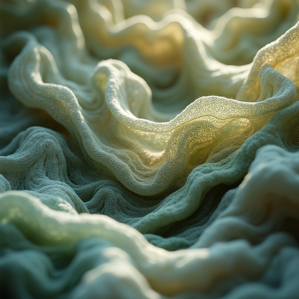 Prompt: Organic shapes inspired by nature, abstract botanical forms, delicate petals, intricate leaves, twisted vines, smooth river rocks, organic patterns on fabric, wavy lines, earthy tones, moss green, sky blue, warm beige, soft natural lighting, whimsical composition, ethereal atmosphere, dreamy focus, macro shot, shallow depth of field.