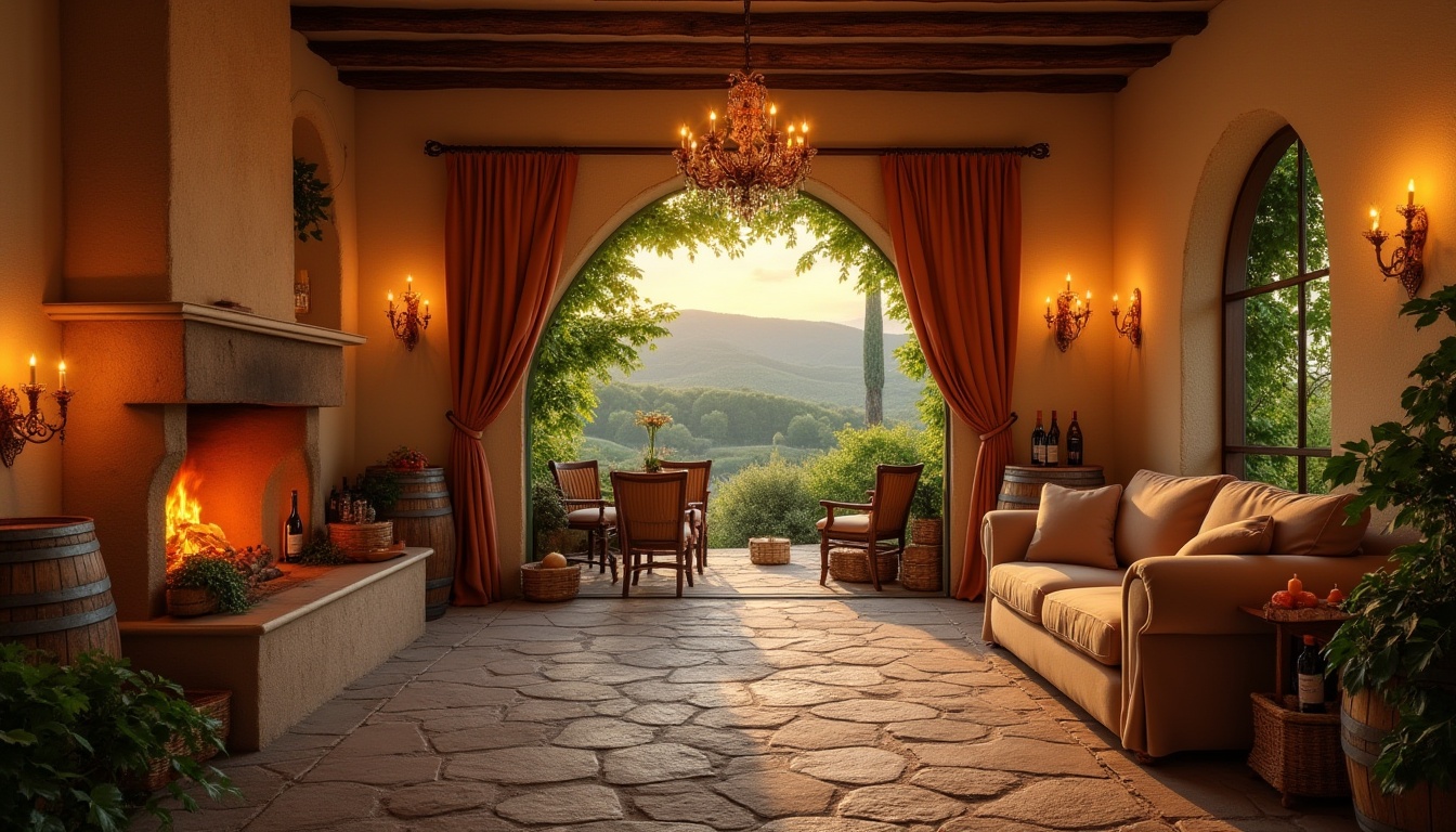 Prompt: Warm winery atmosphere, cream color walls, rustic wooden barrels, dim soft lighting, candlelit tables, cozy fireplace, lush green vines, old oak trees, golden sunset, rolling hills, Tuscany landscape, vintage wine bottles, grape clusters, woven baskets, stone floors, warm beige furniture, rich velvet curtains, intimate close-up, 3/4 composition, shallow depth of field, warm ambient light, cinematic mood.