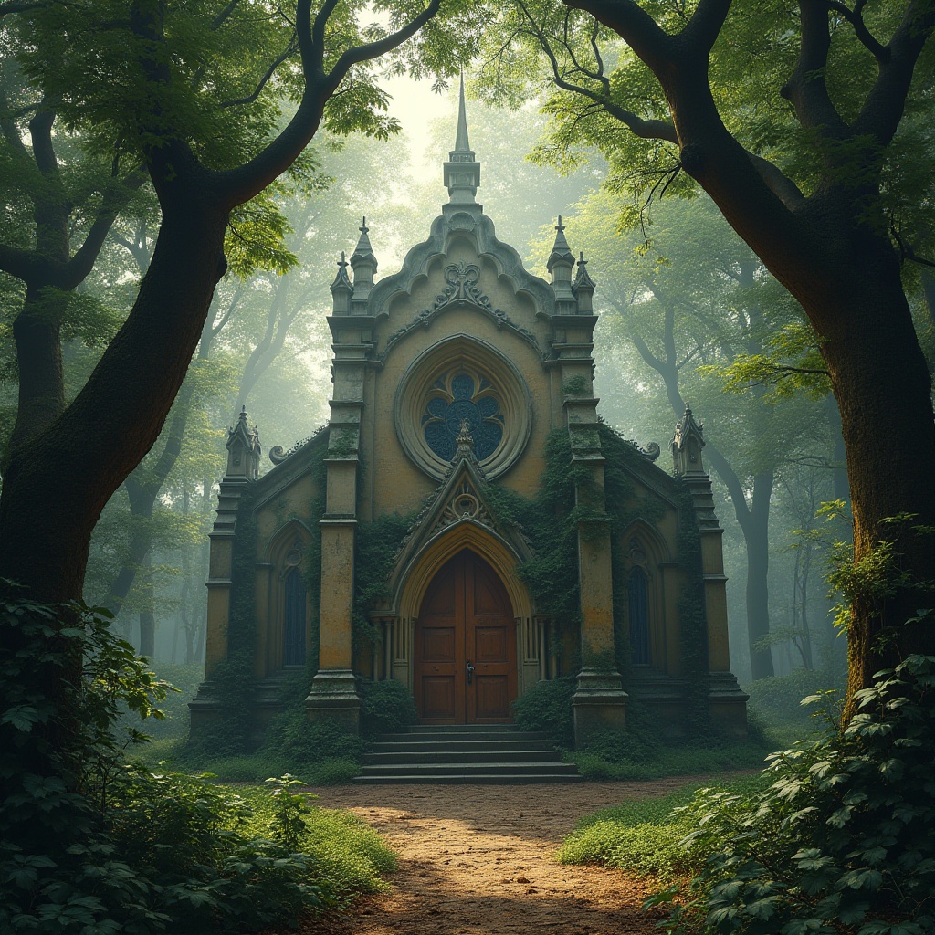 Prompt: Gothic church, surrounded by dense forest, tall trees with gnarled branches, misty atmosphere, morning light filtering through leaves, intricate stone carvings, stained glass windows, wooden doors adorned with iron hardware, ivy climbing up walls, moss-covered roofs, peaceful ambiance, natural surroundings, birds chirping, sunlight peeking through canopy, panoramic view, 3/4 composition, warm soft lighting, cinematic mood.