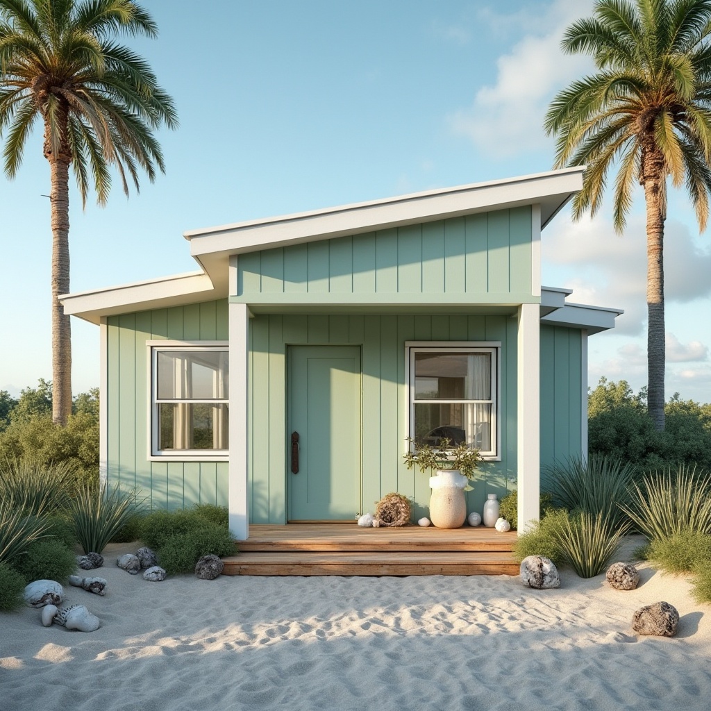 Prompt: Coastal architecture, pale green exterior walls, modern minimalist style, large windows, white trim, wooden accents, beachside location, clear blue sky, few puffy clouds, gentle sea breeze, palm trees swaying, sandy dunes, seashells scattered, driftwood decorations, rustic door handles, natural textures, soft warm lighting, 3/4 composition, shallow depth of field, serene atmosphere, peaceful ambiance.